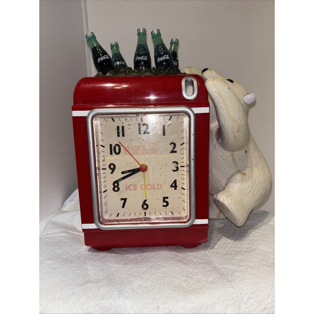 VINTAGE COCA COLA BANK / ALARM CLOCK WITH CLIMBING POLAR BEAR (WORKS GREAT!)